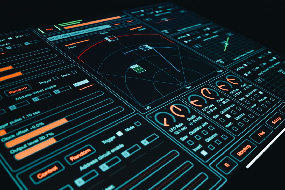 A dark interface panel of dials, readouts and thin cyan rules